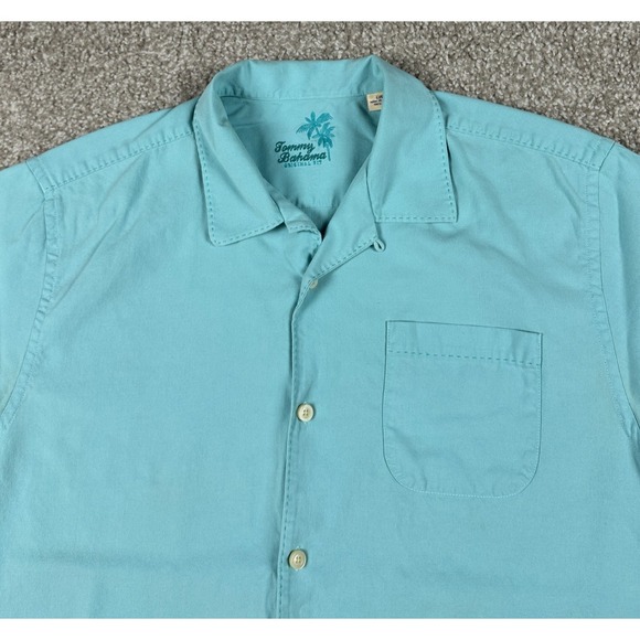 Tommy Bahama Shirt Mens Large Blue Solid Hawaiian Button Up Short Sleeve Silk - Picture 2 of 8